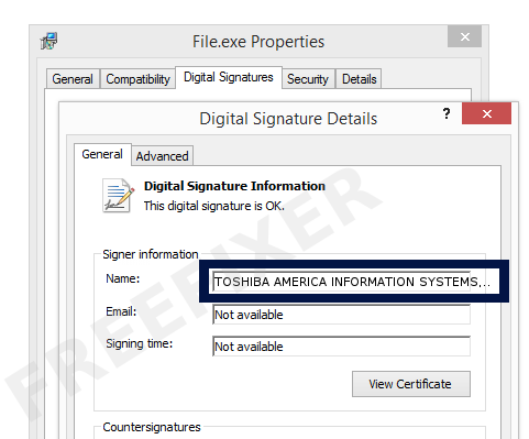 Screenshot of the TOSHIBA AMERICA INFORMATION SYSTEMS, INC. certificate